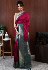 Maroon with Rama Green Border Mashru Silk Saree with Blouse Piece