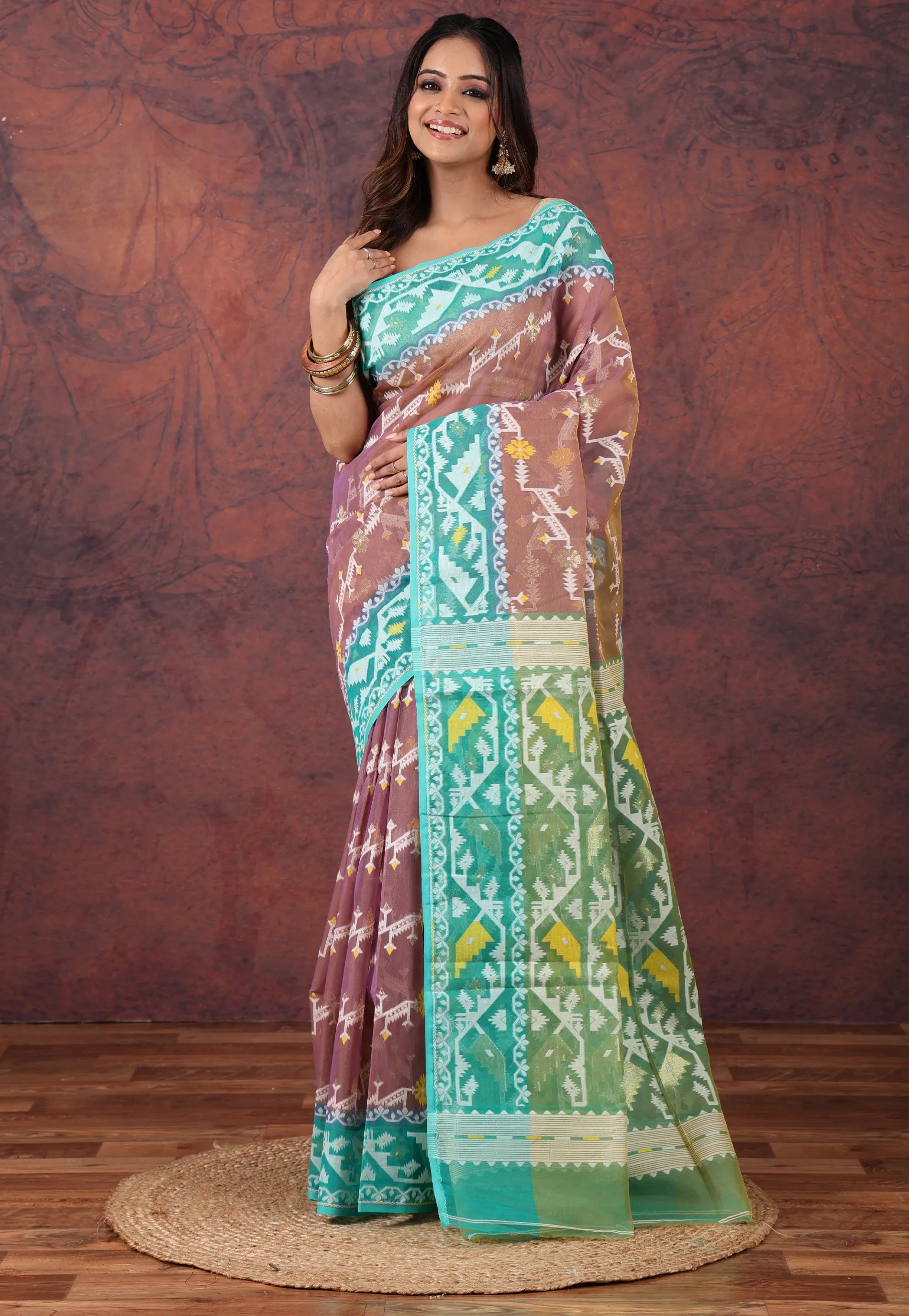 Brown Dhakai Jamdani Cotton Saree without Blouse Piece - Adi Akshoy & Co.