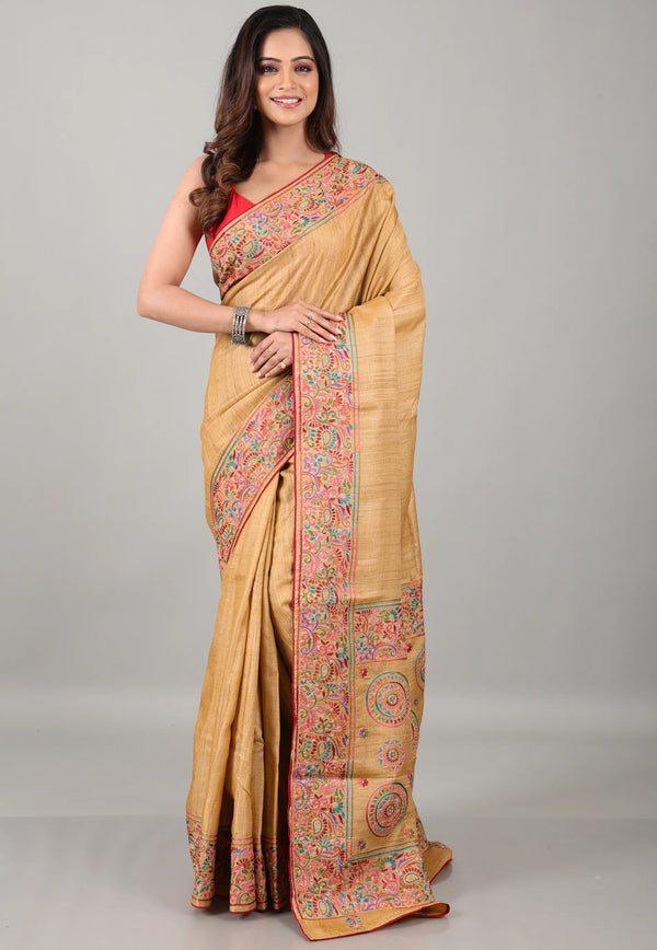 Beige Pure Tussar Kantha Silk Saree With Blouse Piece - Adi Akshoy & Co.