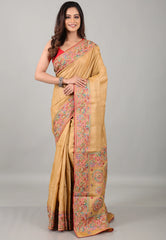 Beige Pure Tussar Kantha Silk Saree With Blouse Piece - Adi Akshoy & Co.