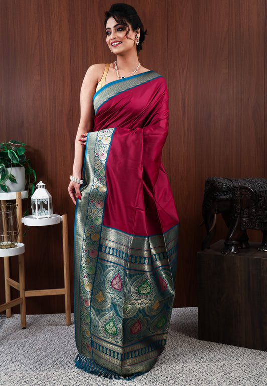 Maroon with Rama Green Border Mashru Silk Saree with Blouse Piece