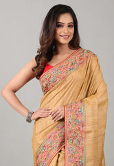 Beige Pure Tussar Kantha Silk Saree With Blouse Piece - Adi Akshoy & Co.