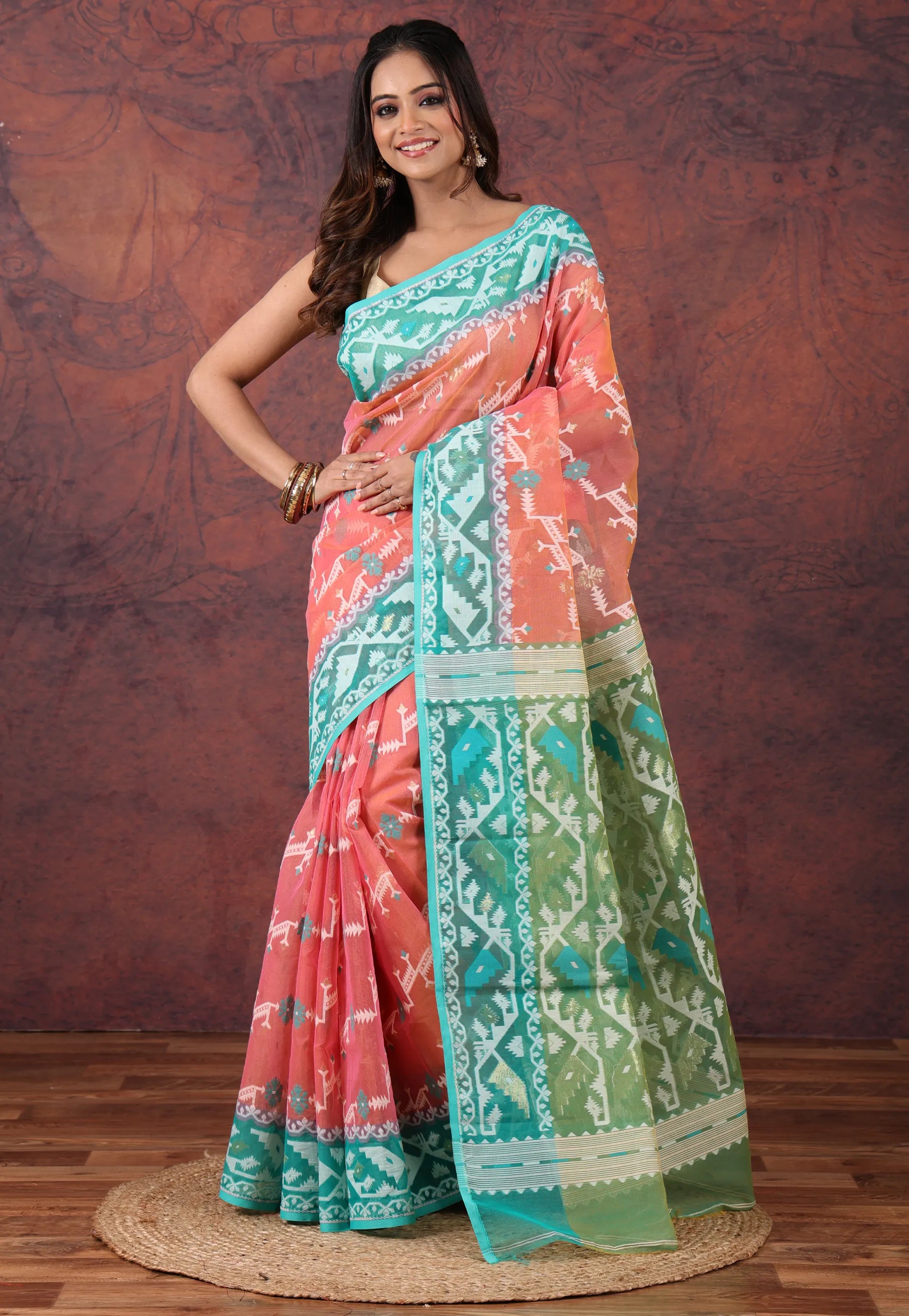 Hot Pink Dhakai Jamdani Cotton Saree without Blouse Piece - Adi Akshoy & Co.