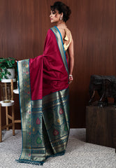 Maroon with Rama Green Border Mashru Silk Saree with Blouse Piece