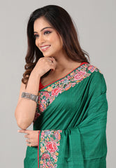 Bottle Green Pure Tussar Kantha Silk Saree With Blouse Piece - Adi Akshoy & Co.