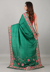 Bottle Green Pure Tussar Kantha Silk Saree With Blouse Piece - Adi Akshoy & Co.