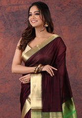 Wine Colour Sico Handloom Saree With Blouse Piece - Adi Akshoy & Co.