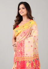 Beige Dhakai Jamdani Cotton Saree with Blouse Piece - Adi Akshoy & Co.