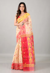 Beige Dhakai Jamdani Cotton Saree with Blouse Piece - Adi Akshoy & Co.