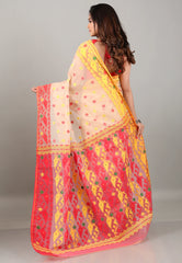 Beige Dhakai Jamdani Cotton Saree with Blouse Piece - Adi Akshoy & Co.