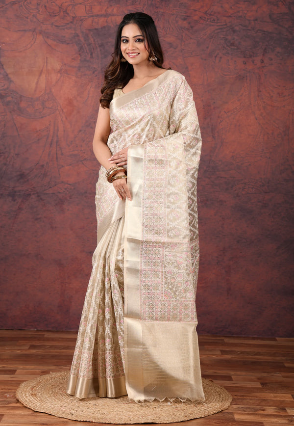 Golden Silver Colour Tissue Kantha Silk Saree With Blouse Piece - Adi Akshoy & Co.