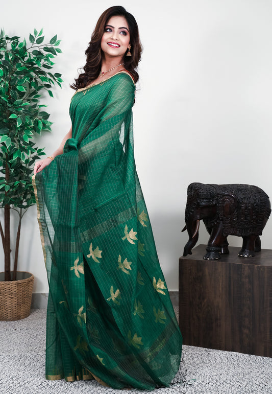 Bottle Green Kora Handloom Pure Silk Saree With Blouse Piece