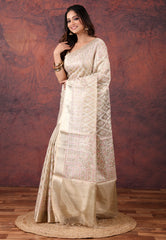 Golden Silver Colour Tissue Kantha Silk Saree With Blouse Piece - Adi Akshoy & Co.