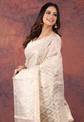 Golden Silver Colour Tissue Kantha Silk Saree With Blouse Piece - Adi Akshoy & Co.