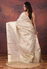 Golden Silver Colour Tissue Kantha Silk Saree With Blouse Piece - Adi Akshoy & Co.