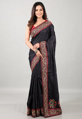 Charcoal Black Pure Tussar Kantha Silk Saree With Blouse Piece - Adi Akshoy & Co.