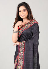 Charcoal Black Pure Tussar Kantha Silk Saree With Blouse Piece - Adi Akshoy & Co.