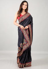 Charcoal Black Pure Tussar Kantha Silk Saree With Blouse Piece - Adi Akshoy & Co.