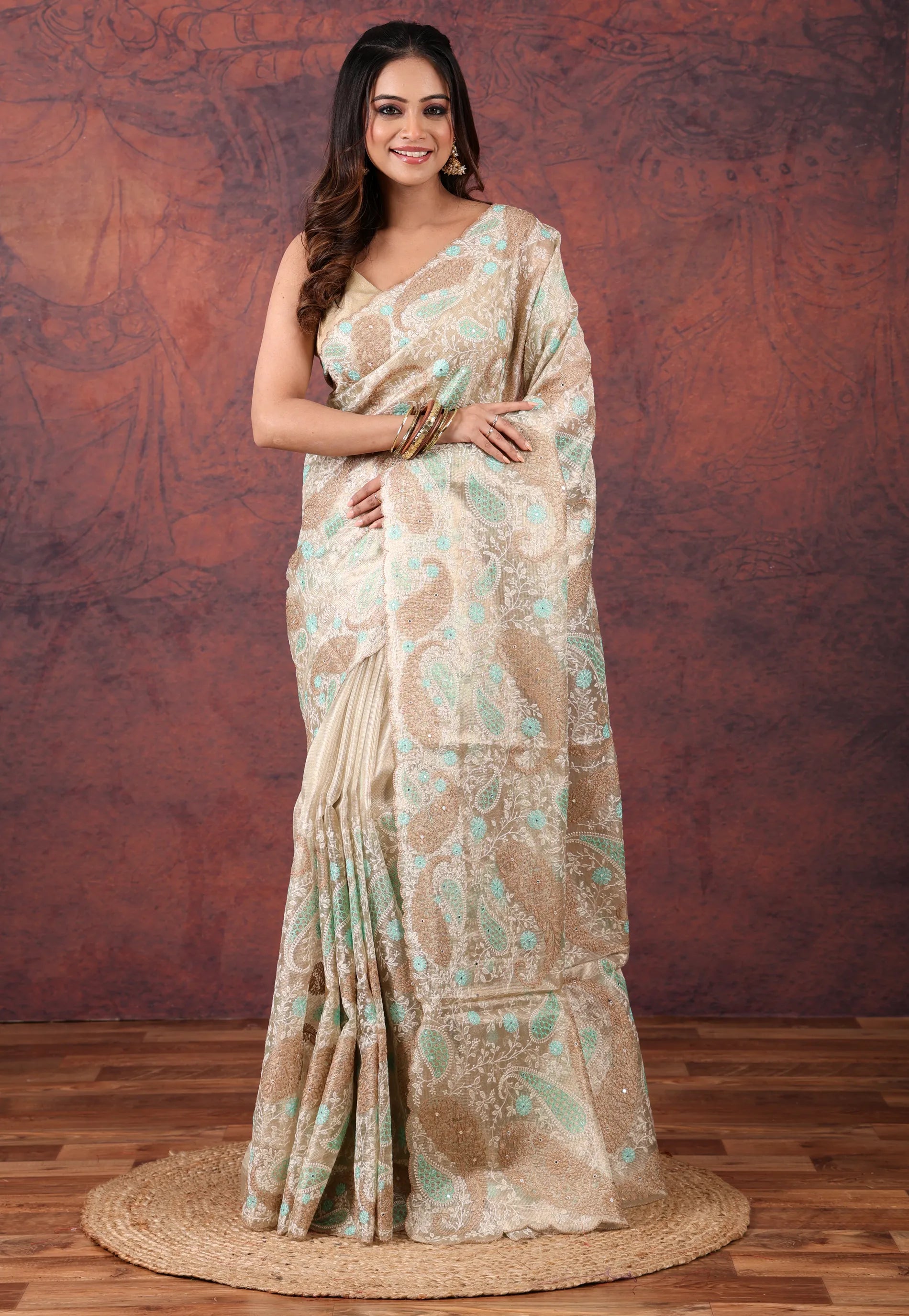 Golden Silver Colour Tissue Kantha Silk Saree With Blouse Piece - Adi Akshoy & Co.