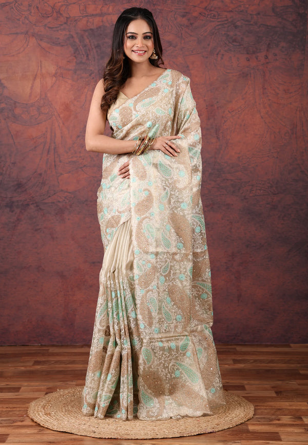 Golden Silver Colour Tissue Kantha Silk Saree With Blouse Piece - Adi Akshoy & Co.