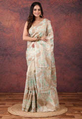 Golden Silver Colour Tissue Kantha Silk Saree With Blouse Piece - Adi Akshoy & Co.