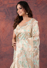 Golden Silver Colour Tissue Kantha Silk Saree With Blouse Piece - Adi Akshoy & Co.