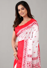 White with Red Border Katan Korial Silk Saree With Blouse Piece - Adi Akshoy & Co.