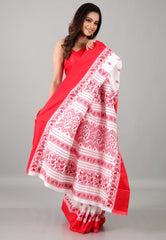 White with Red Border Katan Korial Silk Saree With Blouse Piece - Adi Akshoy & Co.