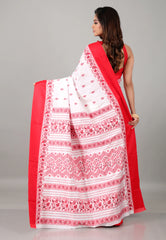 White with Red Border Katan Korial Silk Saree With Blouse Piece - Adi Akshoy & Co.