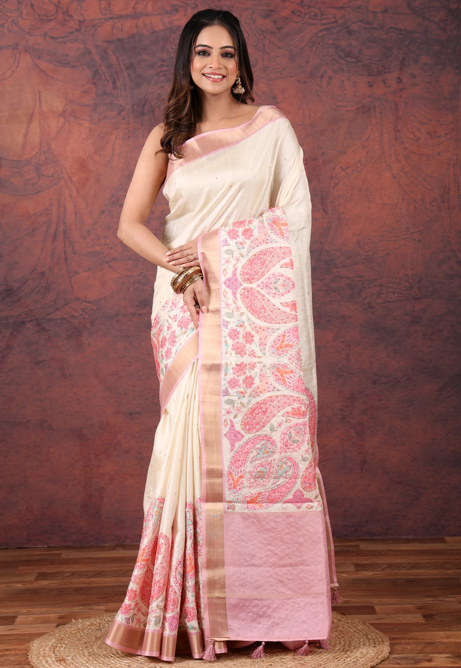 Beige Kantha Silk Saree with Blouse Piece - Adi Akshoy & Co.