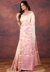 Beige Kantha Silk Saree with Blouse Piece - Adi Akshoy & Co.