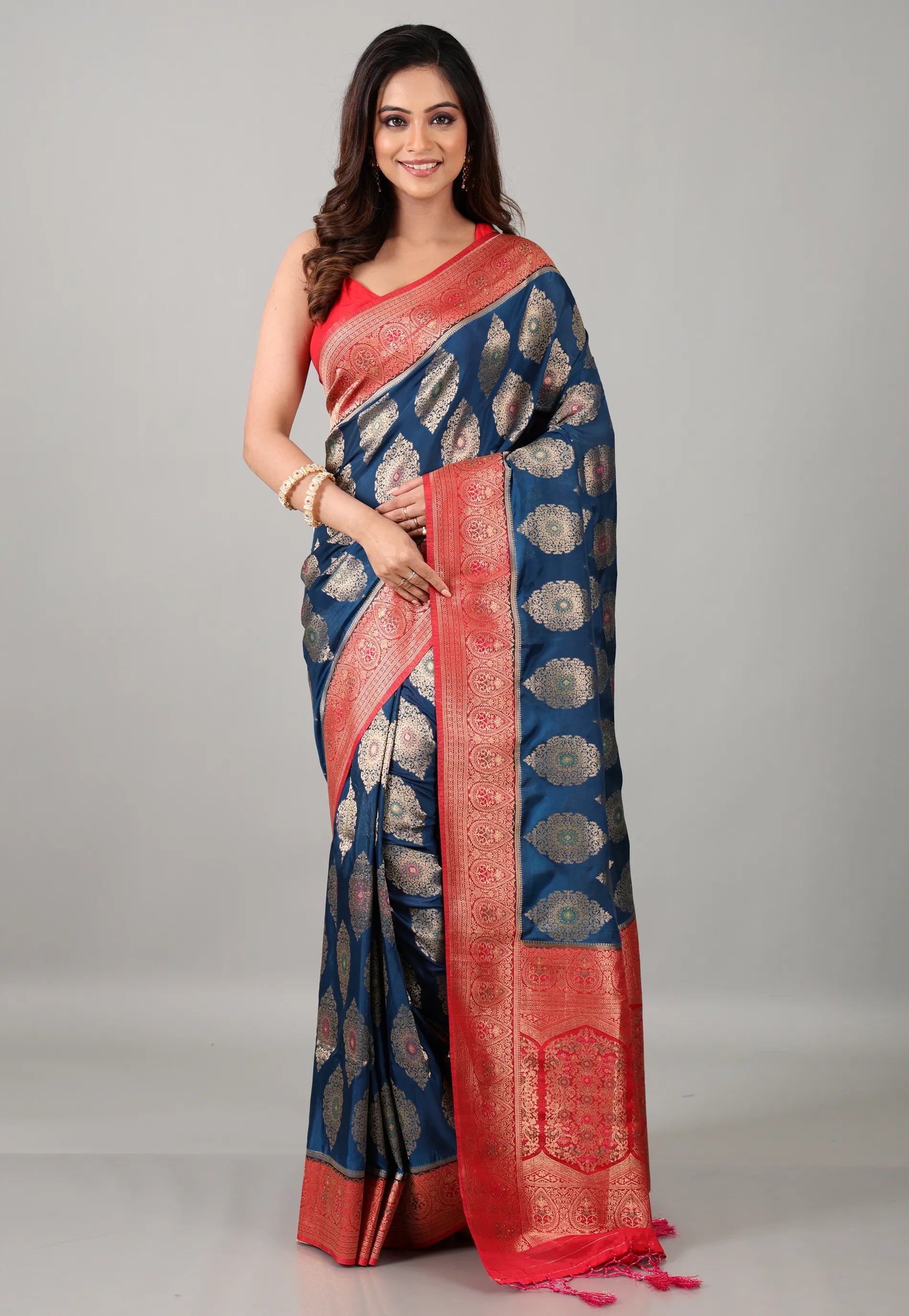 Blue Katan Silk Saree With Blouse Piece - Adi Akshoy & Co.