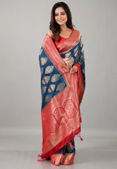 Blue Katan Silk Saree With Blouse Piece - Adi Akshoy & Co.
