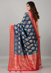 Blue Katan Silk Saree With Blouse Piece - Adi Akshoy & Co.