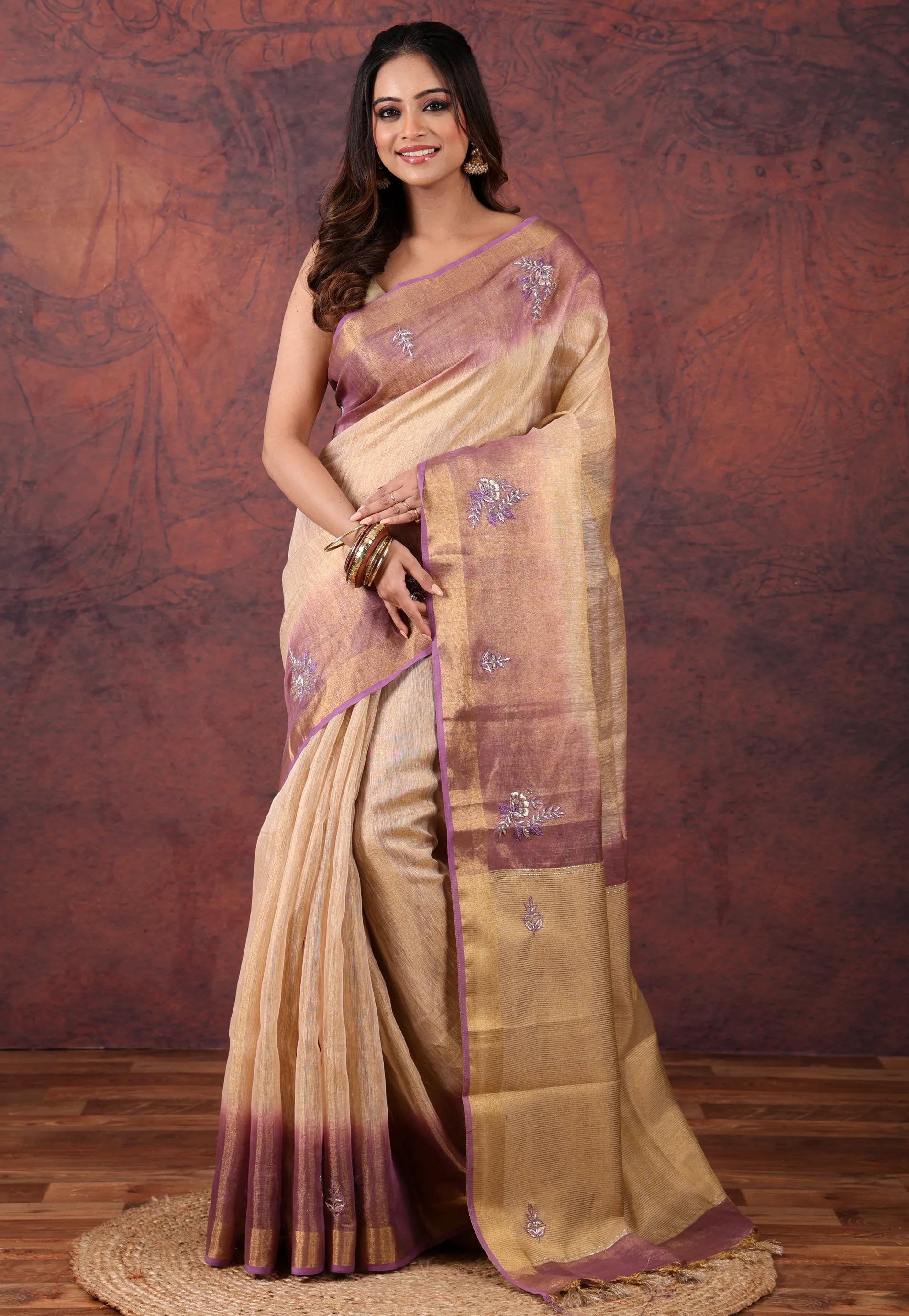 Golden with Purple Tissue Embroidery Saree with Blouse Piece - Adi Akshoy & Co.