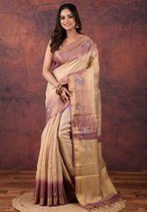 Golden with Purple Tissue Embroidery Saree with Blouse Piece - Adi Akshoy & Co.