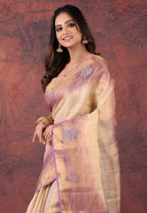 Golden with Purple Tissue Embroidery Saree with Blouse Piece - Adi Akshoy & Co.