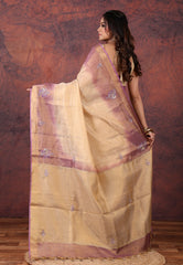 Golden with Purple Tissue Embroidery Saree with Blouse Piece - Adi Akshoy & Co.