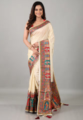 Cream colour Kani Silk Saree With Blouse Piece - Adi Akshoy & Co.