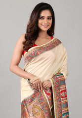 Cream colour Kani Silk Saree With Blouse Piece - Adi Akshoy & Co.