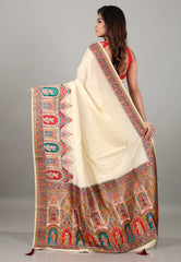 Cream colour Kani Silk Saree With Blouse Piece - Adi Akshoy & Co.