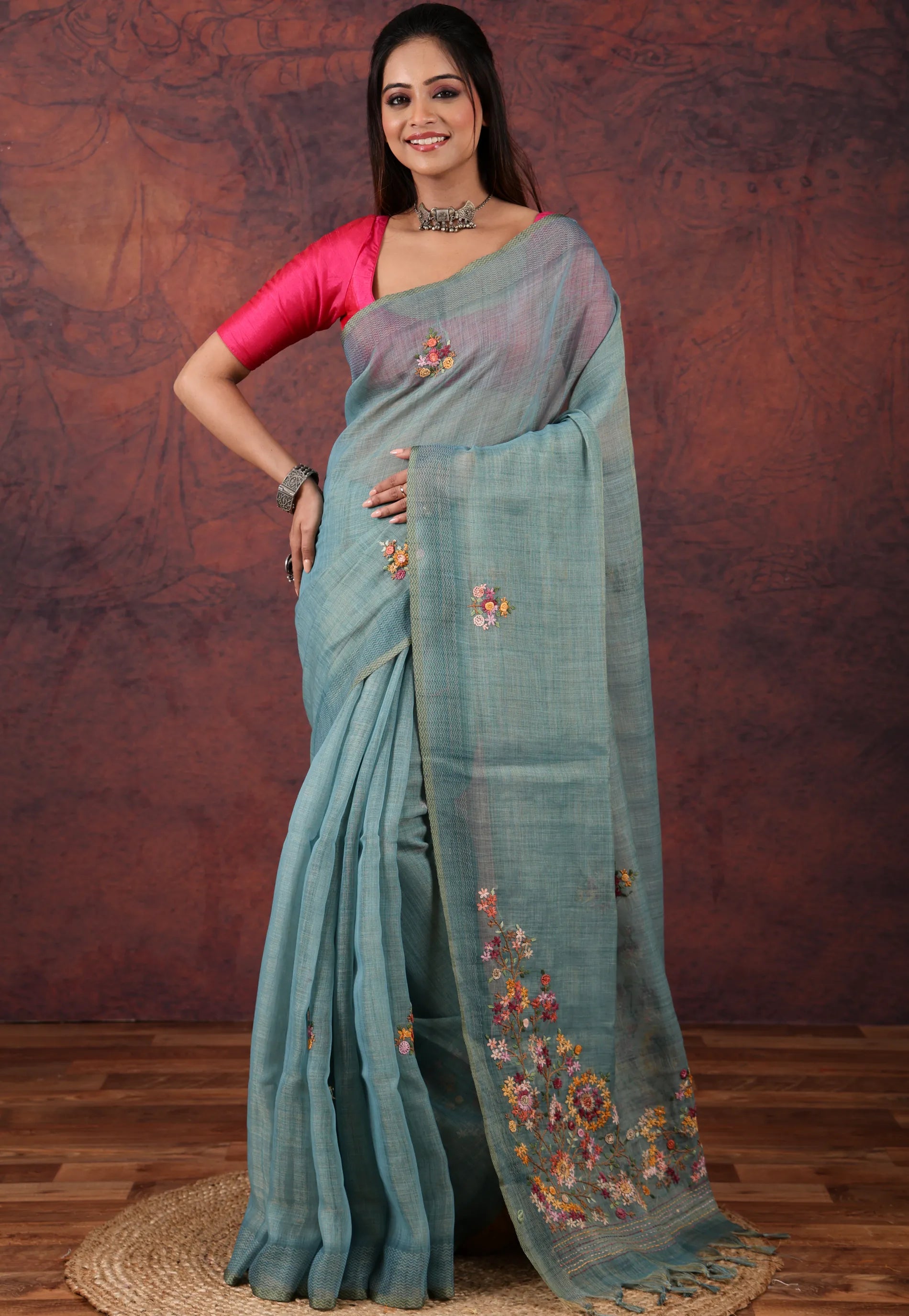 Sea Green Kantha Silk Saree with Blouse Piece - Adi Akshoy & Co.