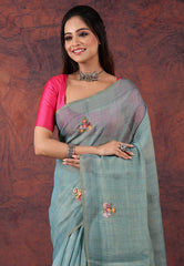 Sea Green Kantha Silk Saree with Blouse Piece - Adi Akshoy & Co.