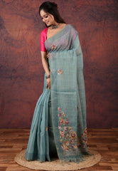 Sea Green Kantha Silk Saree with Blouse Piece - Adi Akshoy & Co.
