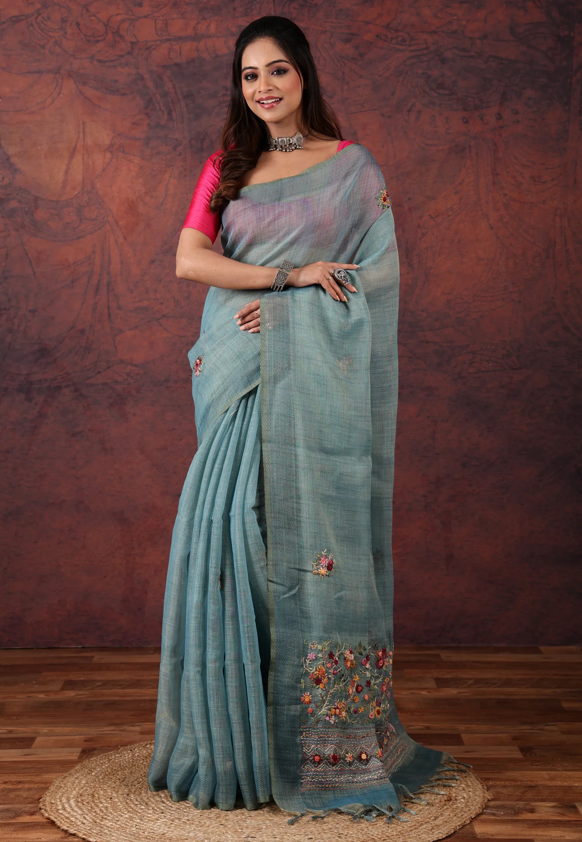 Sea Green Kantha Silk Saree with Blouse Piece - Adi Akshoy & Co.