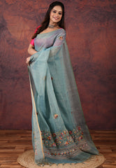Sea Green Kantha Silk Saree with Blouse Piece - Adi Akshoy & Co.