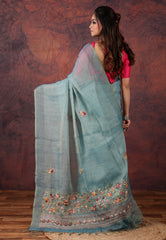 Sea Green Kantha Silk Saree with Blouse Piece - Adi Akshoy & Co.