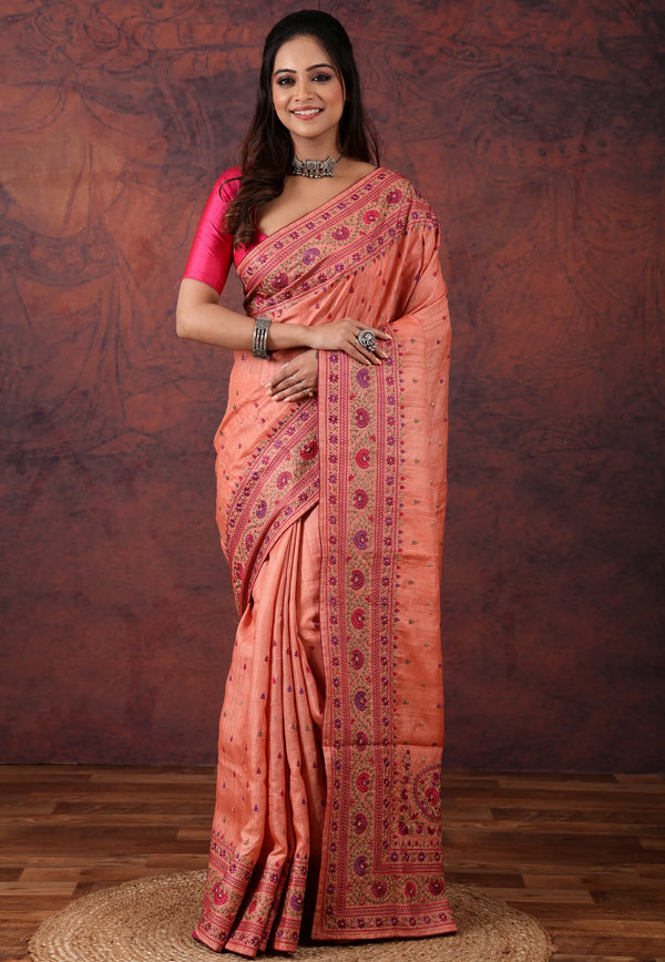 Peach Pure Tussar Kantha Silk Saree With Blouse Piece