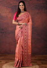 Peach Pure Tussar Kantha Silk Saree With Blouse Piece