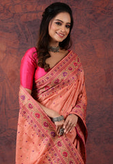 Peach Pure Tussar Kantha Silk Saree With Blouse Piece